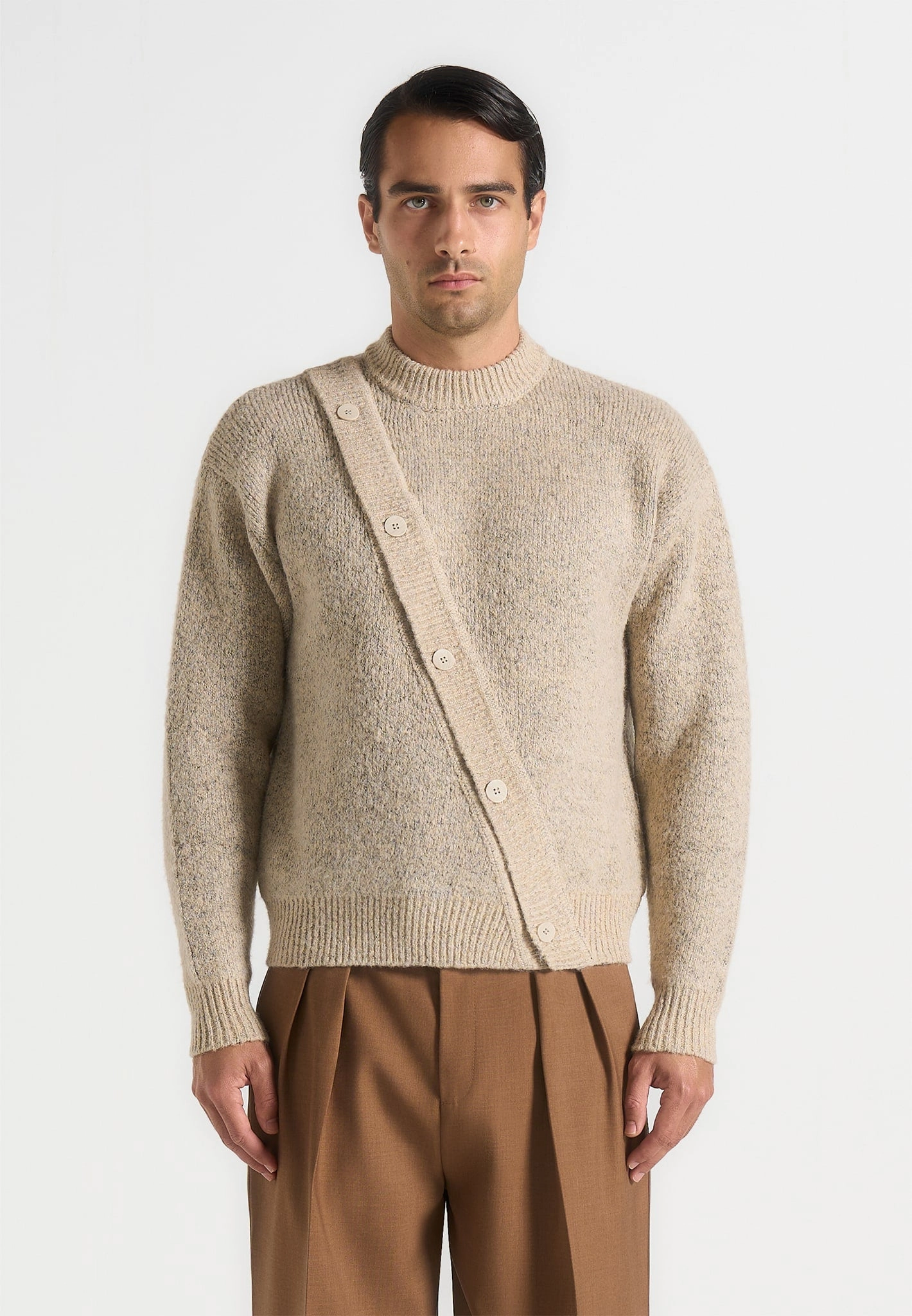 Theo - Asymmetric Brushed Wool Knit Jumper - Beige Tubular Knit Method Daily Favorite