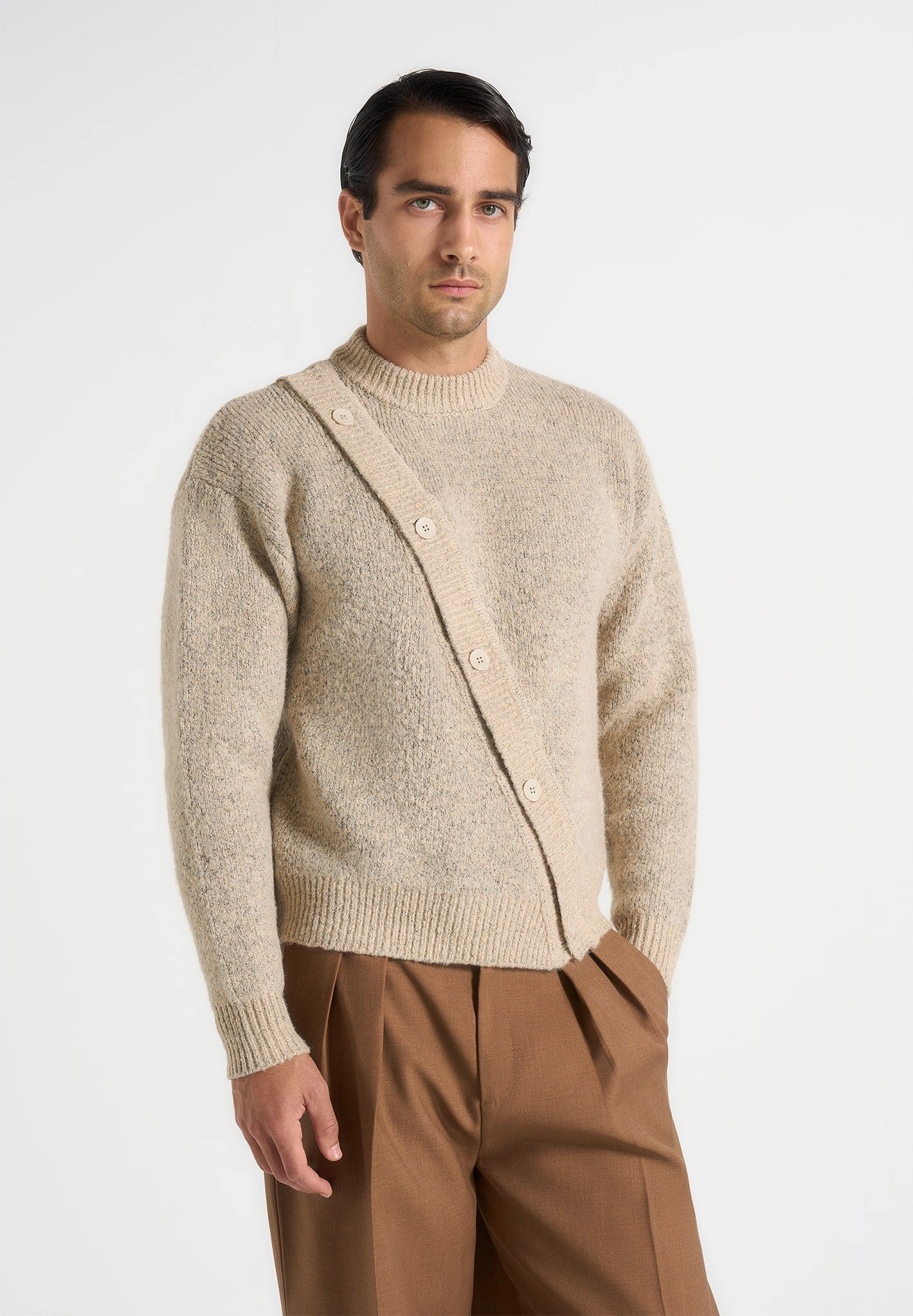 Theo - Asymmetric Brushed Wool Knit Jumper - Beige Crisp Design