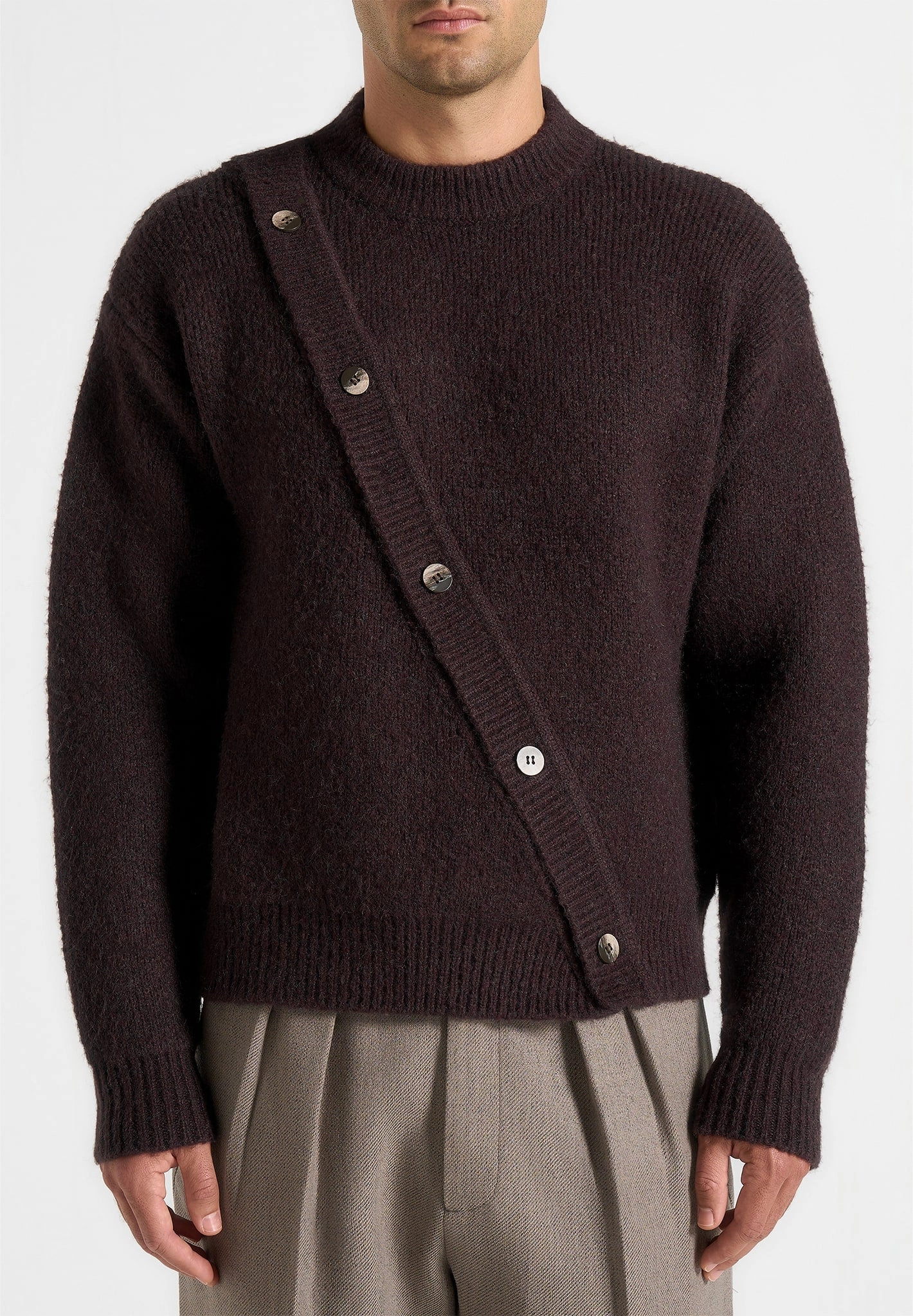 Home Style MultiDirectional Flexibility Theo - Asymmetric Brushed Wool Knit Jumper - Brown