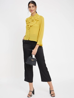 DoubleStitched Hem Winter Wardrobe Madame Ruffle Neckline Yellow Top