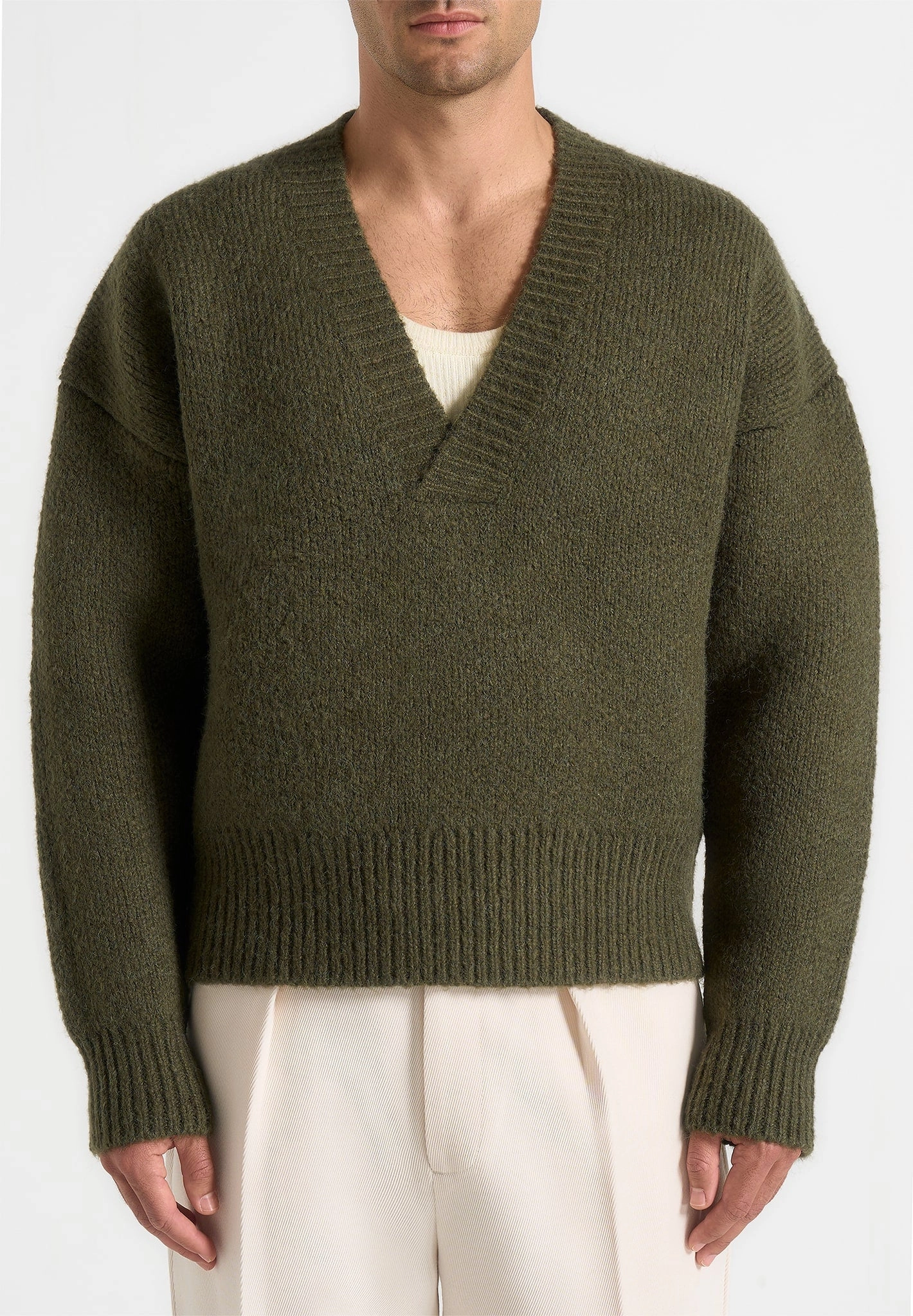 Chad - V-Neck Wool Knit Jumper - Olive Soft Ribbed Texture Zigzag Stitch Detail