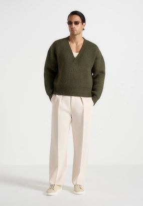 Textured Weave Design Tubular Knit Method Chad - V-Neck Wool Knit Jumper - Olive