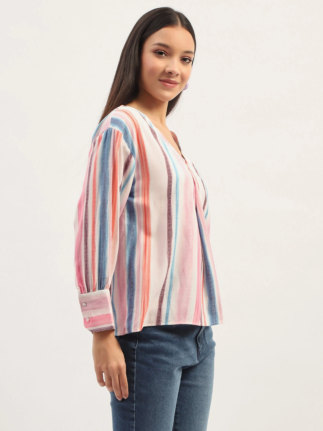Madame Multicolor Striped V Neck Top OEKOTEX Certified Fabric Moisture Wicking Fabric