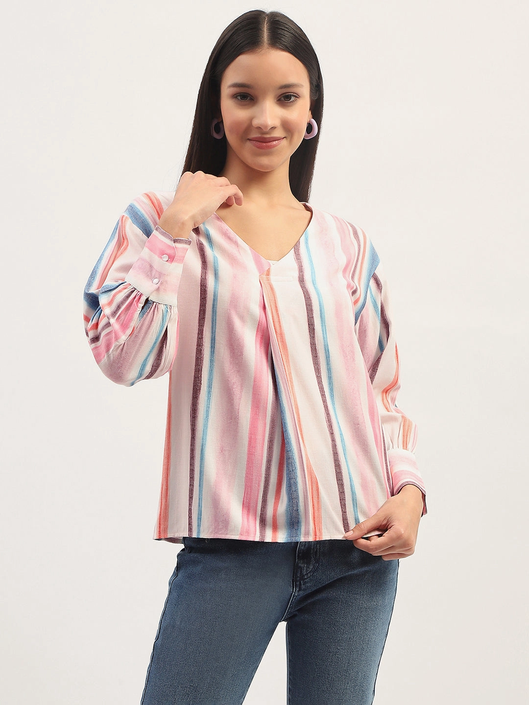 Madame Multicolor Striped V Neck Top VersatileNeckline