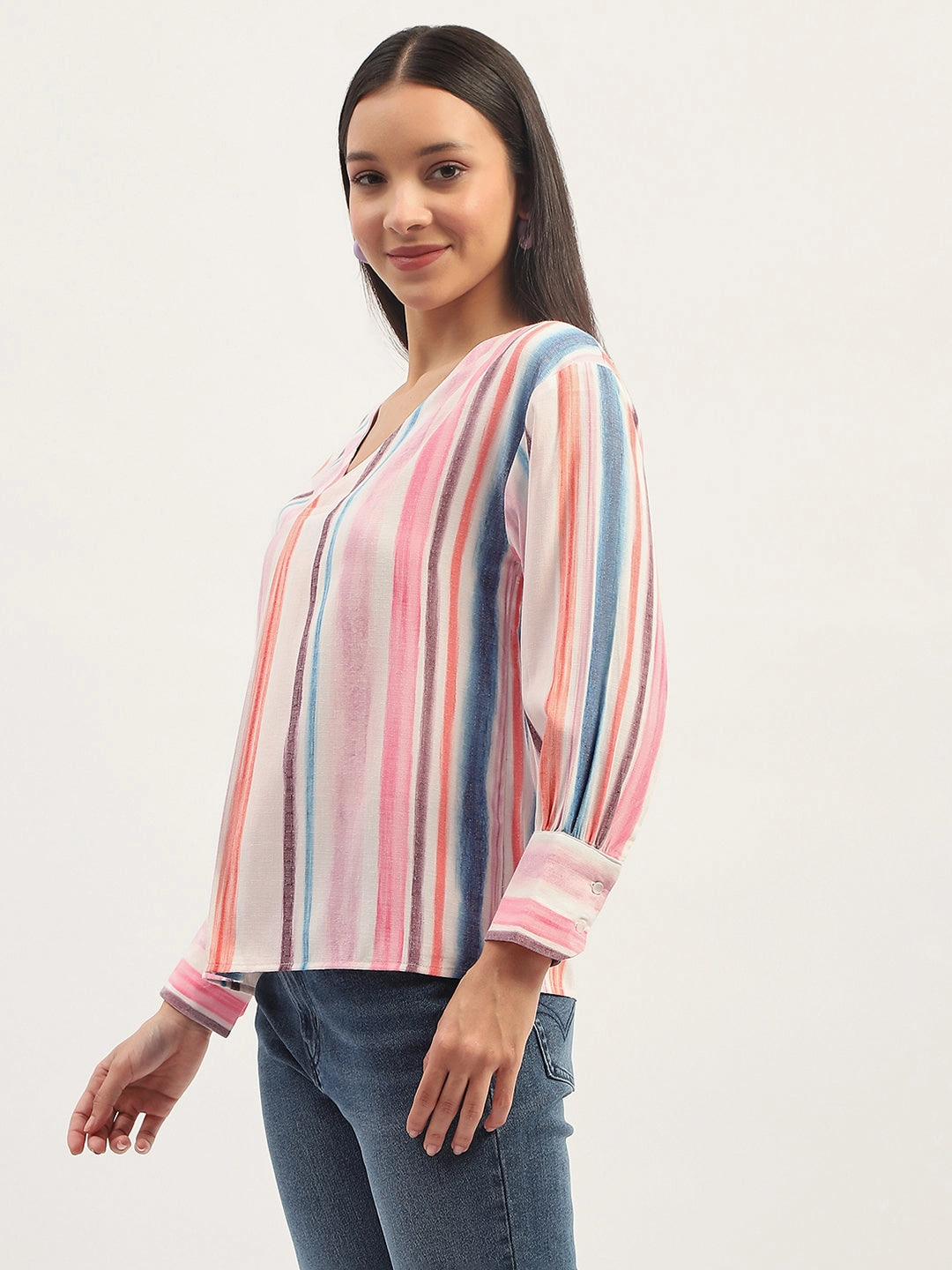 Multi Panel Design Ribbed Neckline Madame Multicolor Striped V Neck Top