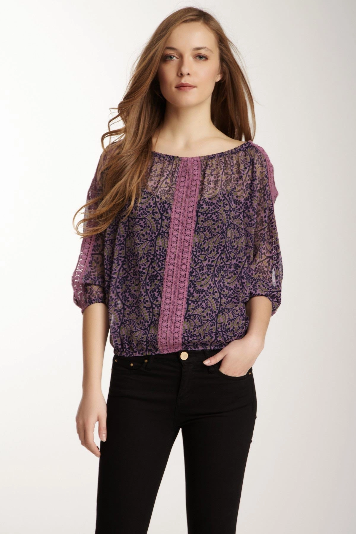 Breathable fabric Lace Trim Dolman Sleeve Top - Navy / Lilac Vine