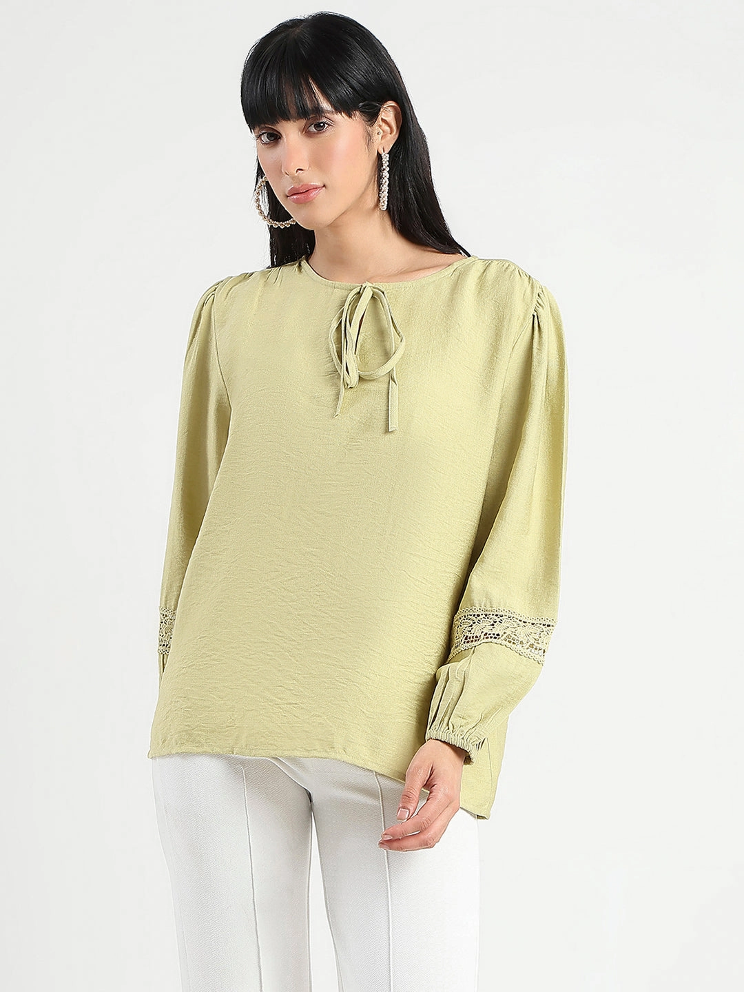 Garment Washed Softness Madame Tie Neck Green Rayon Blend Top