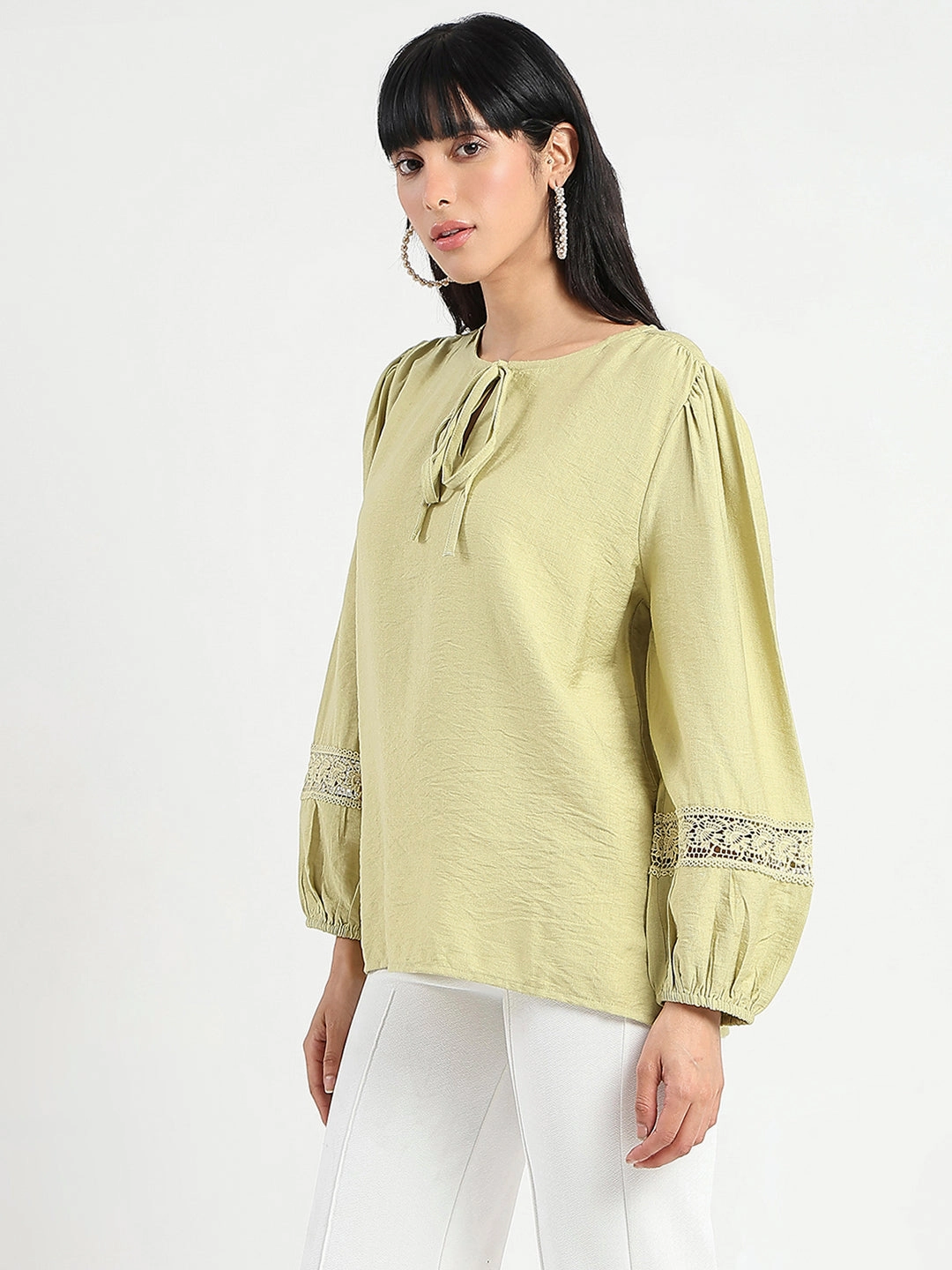 DoubleStitchedHem Madame Tie Neck Green Rayon Blend Top