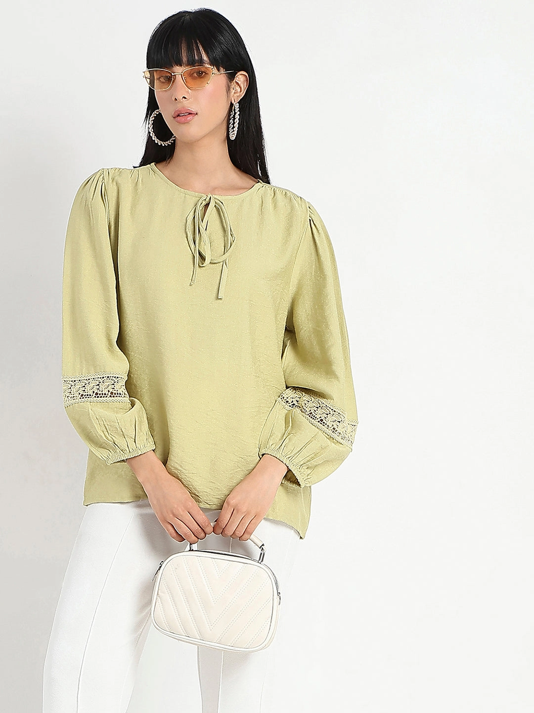 Madame Tie Neck Green Rayon Blend Top Multipanel Construction Airflow Mesh Lining