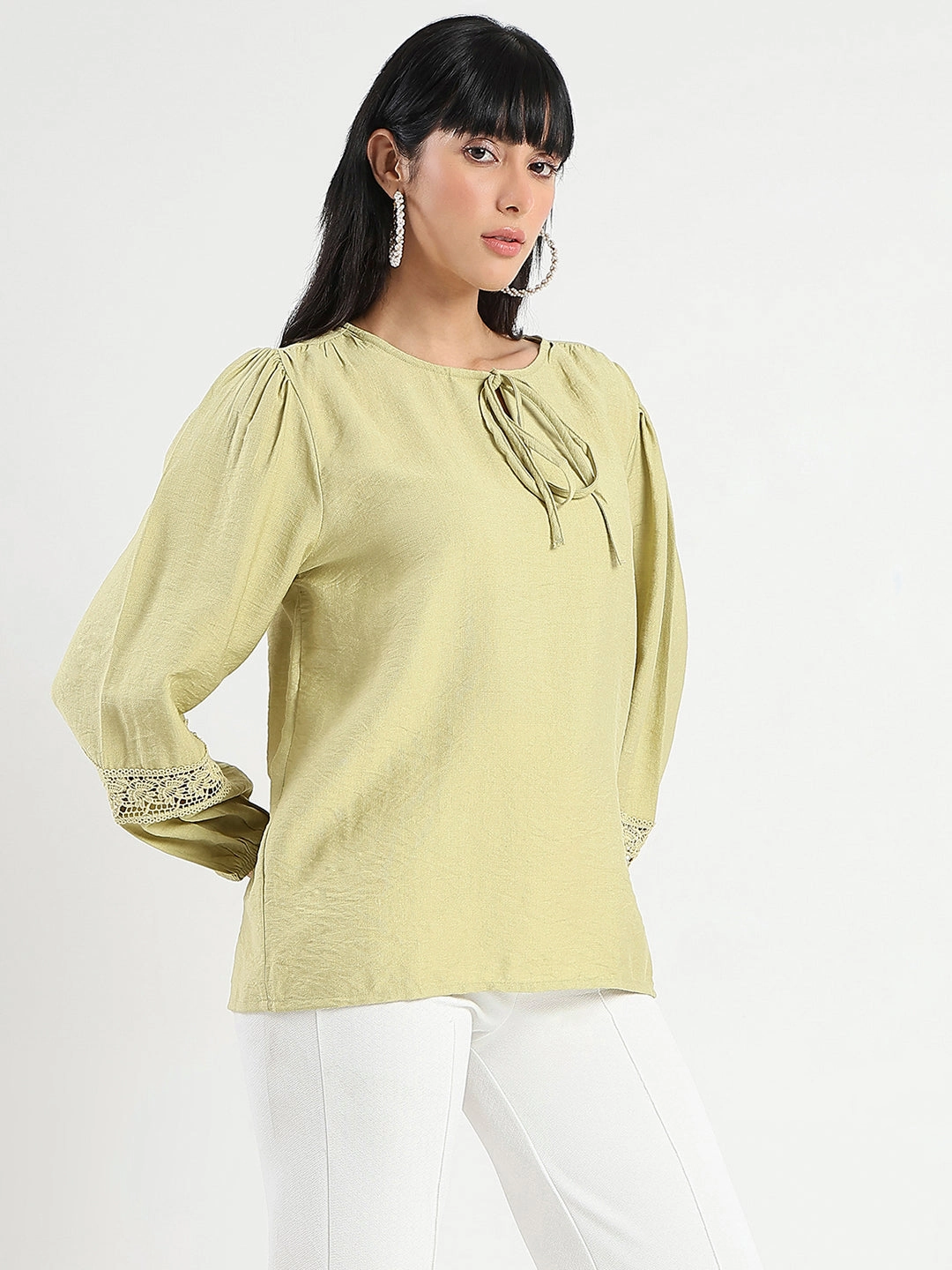 ThermalRegulating Fabric Madame Tie Neck Green Rayon Blend Top