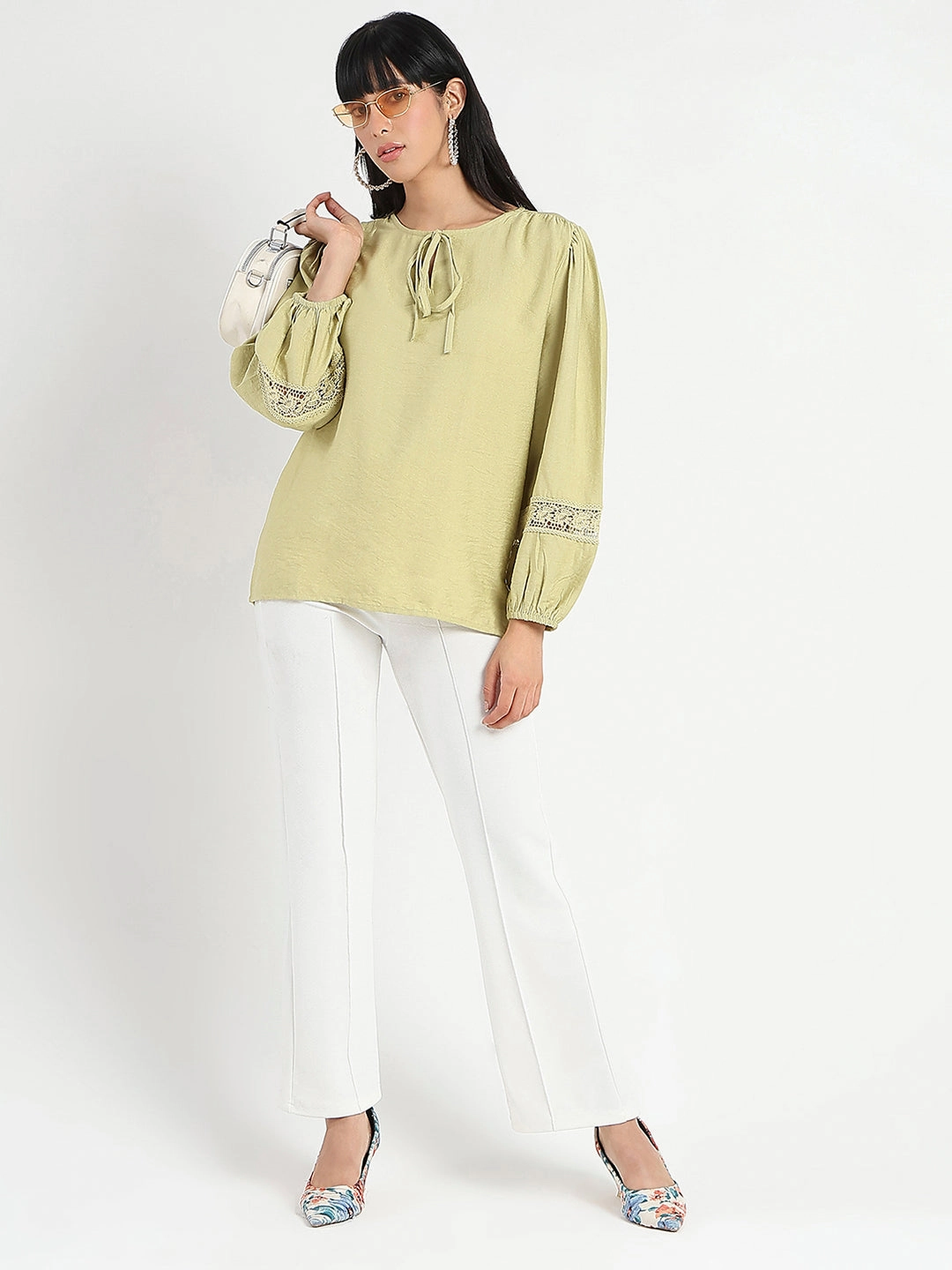Madame Tie Neck Green Rayon Blend Top ElasticTrimming