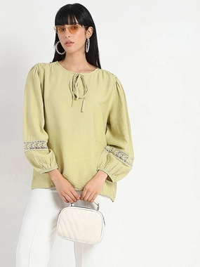 Madame Tie Neck Green Rayon Blend Top Multipanel Construction Airflow Mesh Lining