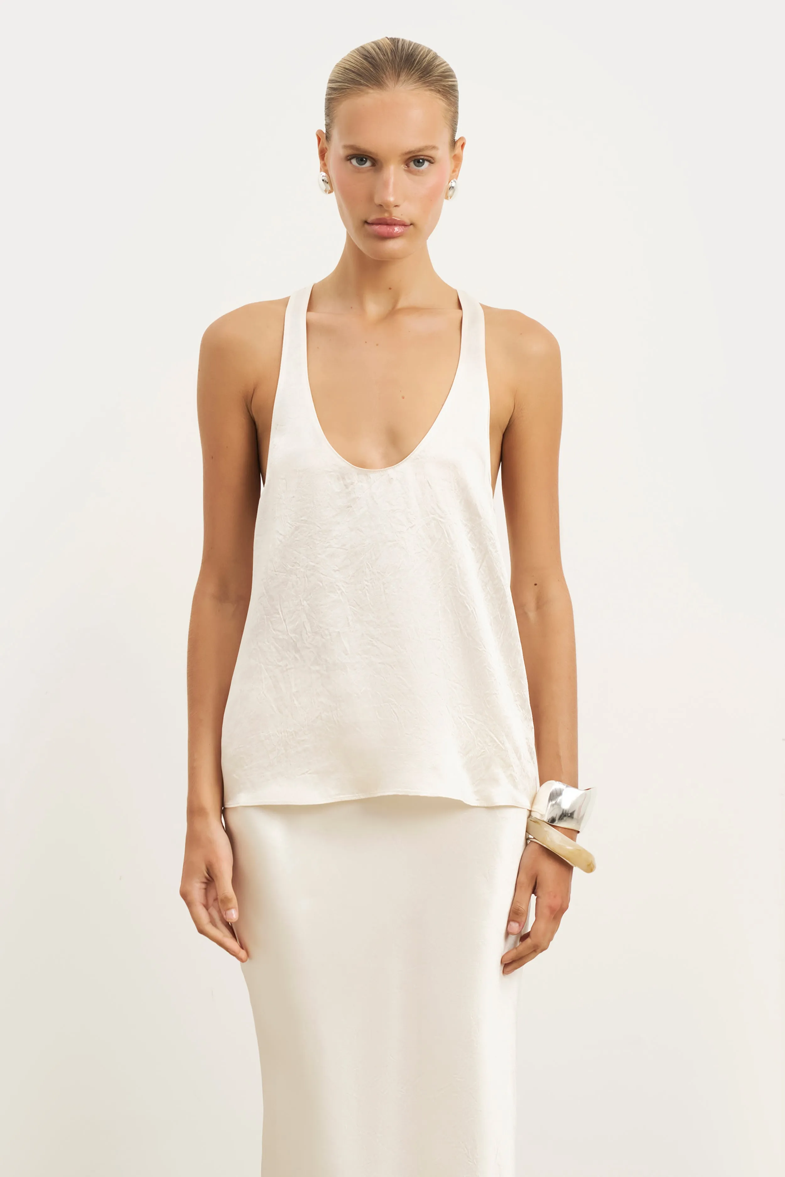 Crushed Satin Plunge U Neck Tank Top - Champagne Asymmetrical hem