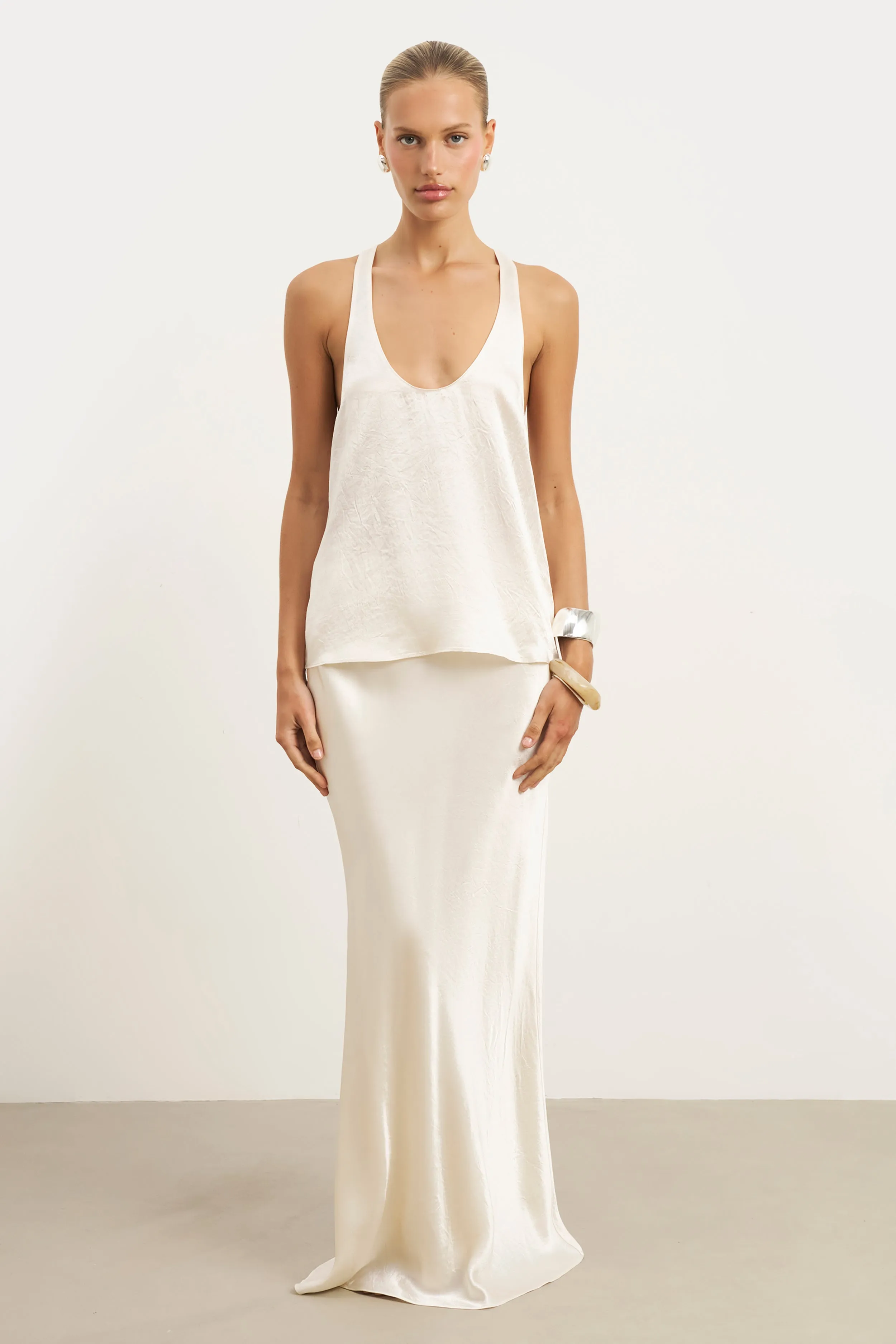 Crushed Satin Plunge U Neck Tank Top - Champagne Relaxed Tank