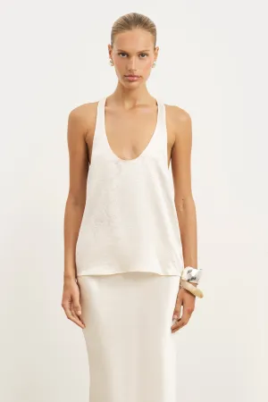 Crushed Satin Plunge U Neck Tank Top - Champagne Asymmetrical hem