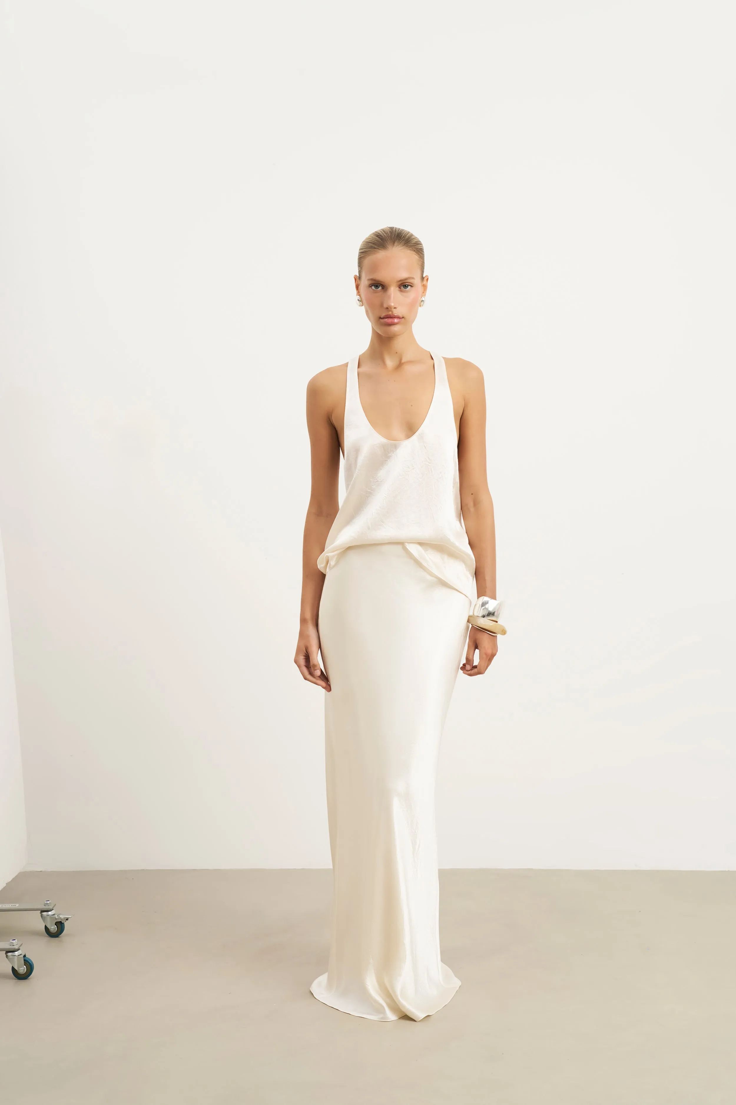 Anti Microbial Lining Crushed Satin Plunge U Neck Tank Top - Champagne
