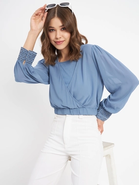 FrenchTerry Flatlock Seam Madame Elasticated Hem Blue Wrap Crop Top