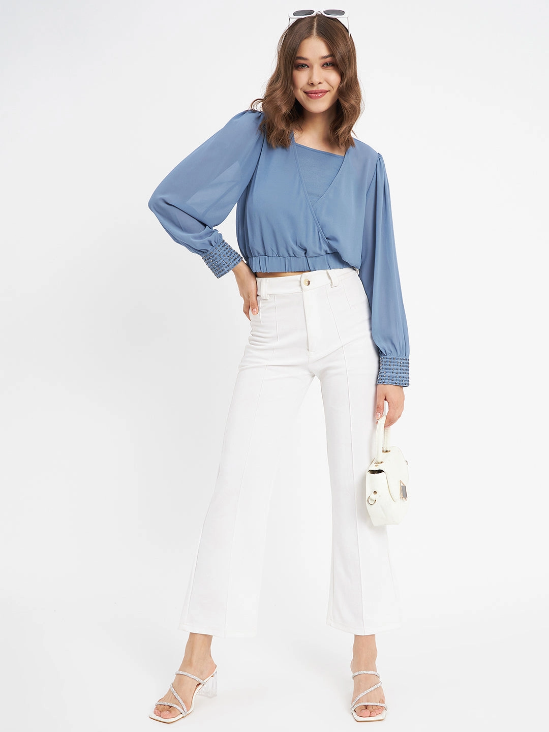 Comfortable Layer AbrasionResistant Finish Madame Elasticated Hem Blue Wrap Crop Top