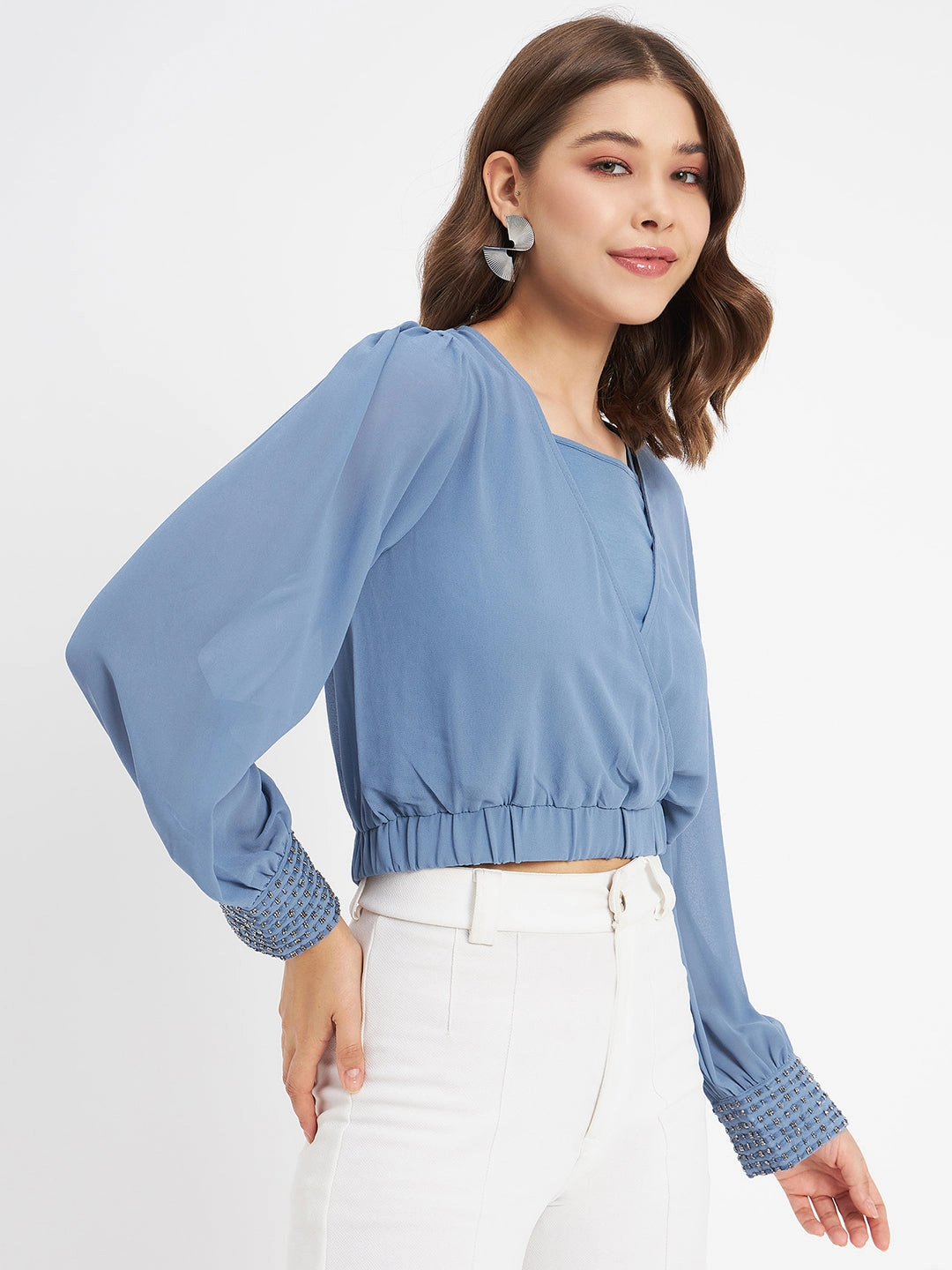 Seamless construction Madame Elasticated Hem Blue Wrap Crop Top