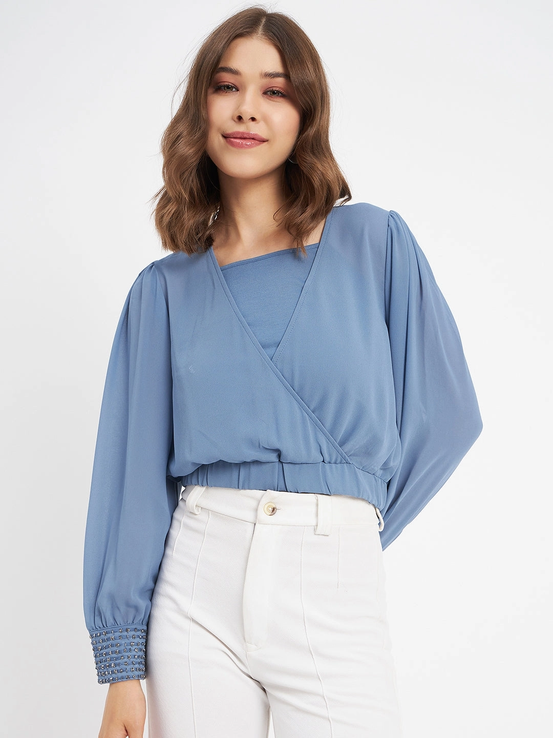 ReinforcedEdges Madame Elasticated Hem Blue Wrap Crop Top