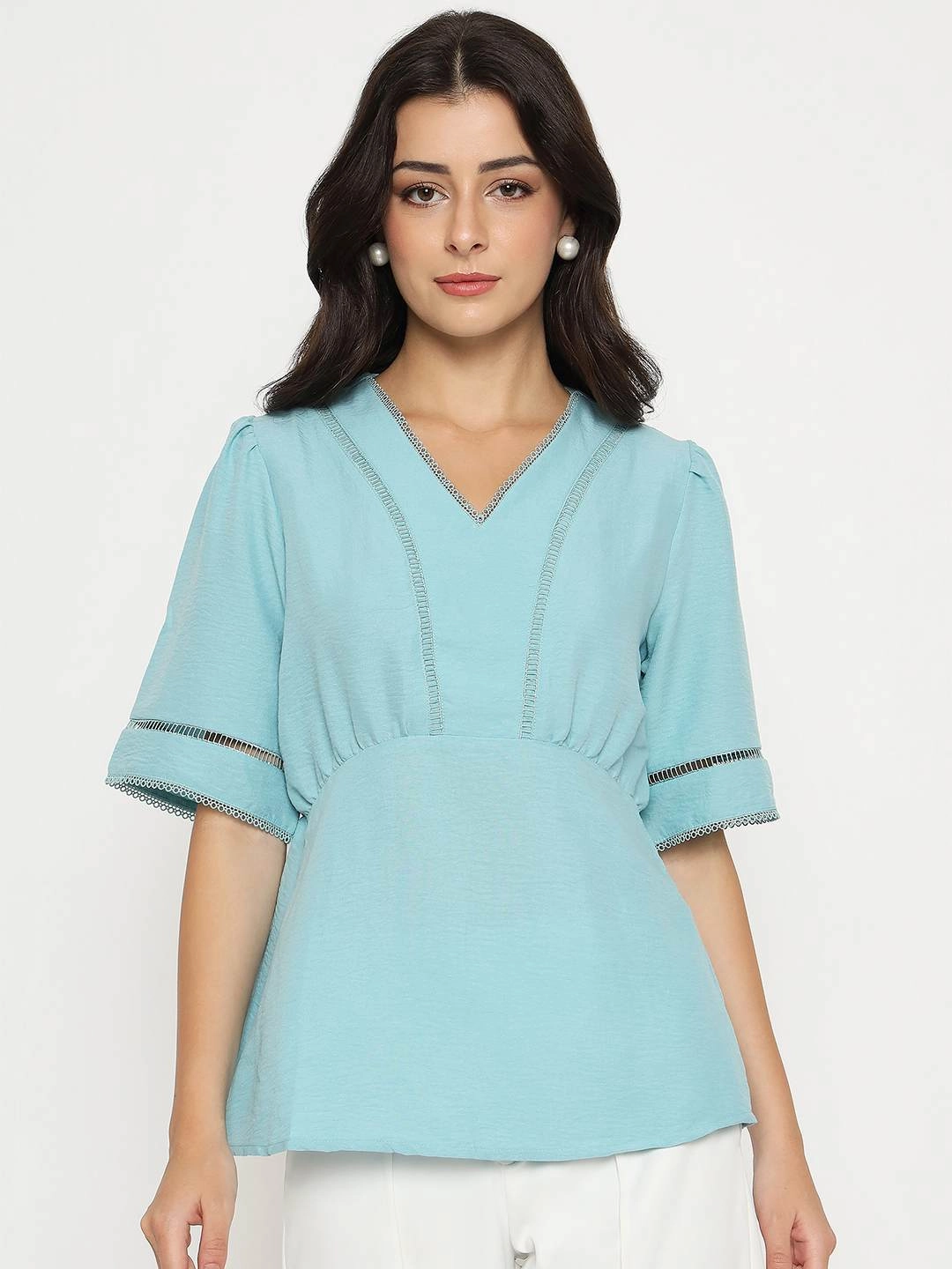 Unlined Design Madame V Neck Sea Green Peplum Top
