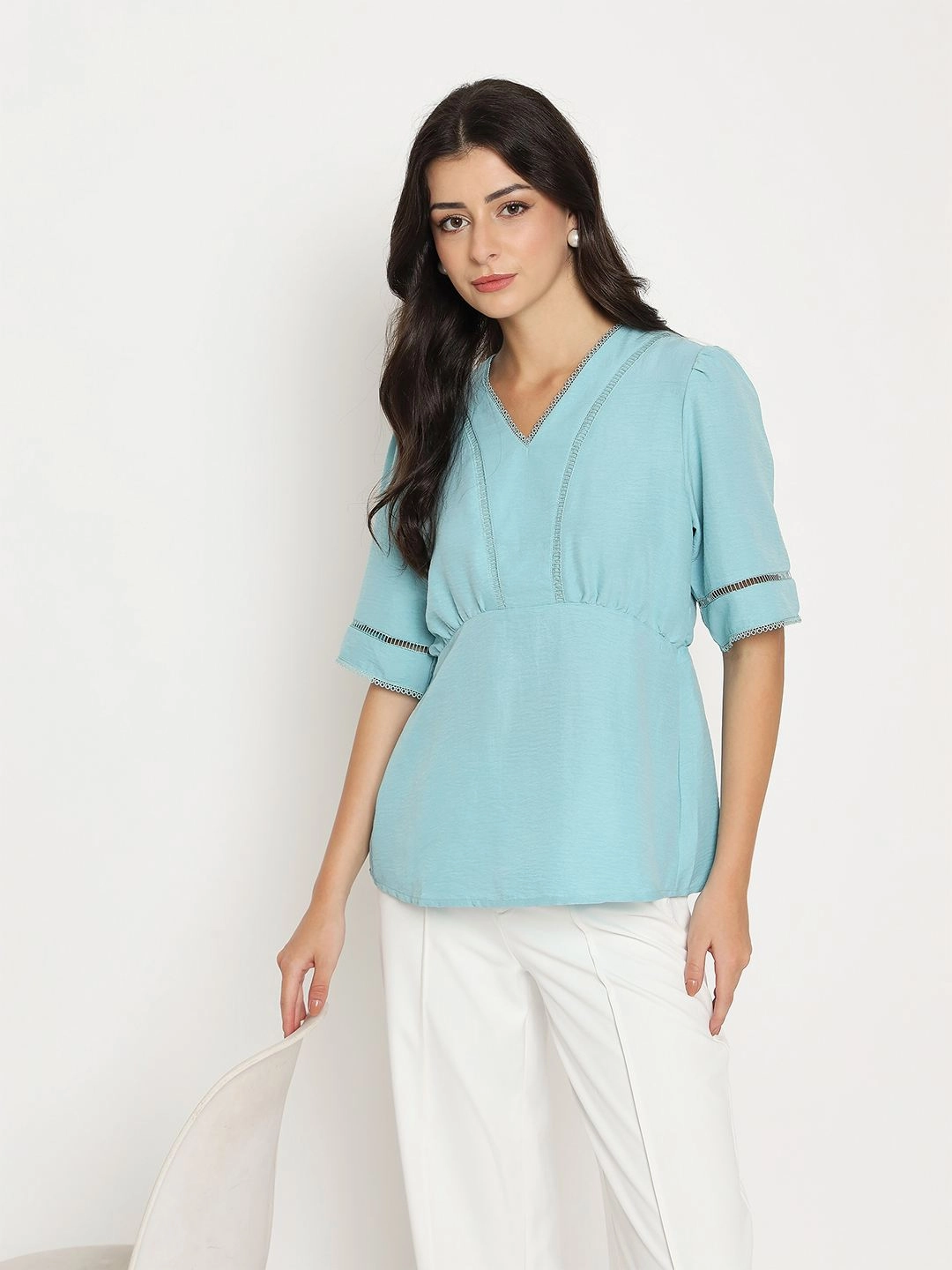 Relaxed Sweatshirt Madame V Neck Sea Green Peplum Top