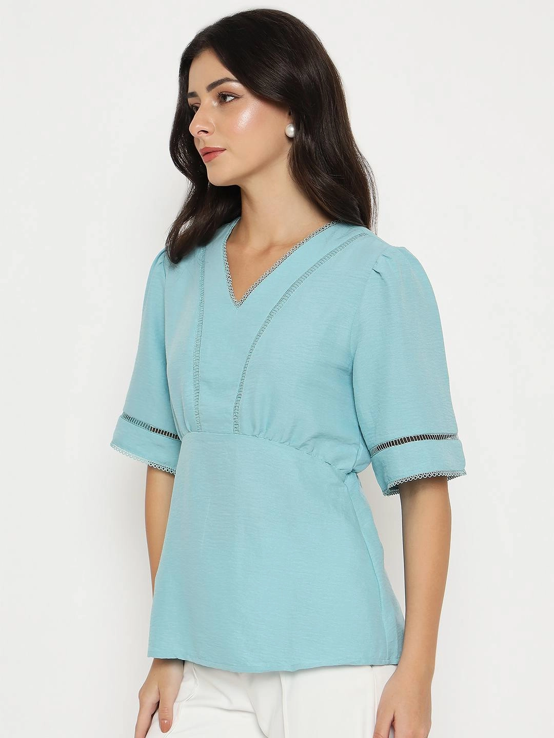 Madame V Neck Sea Green Peplum Top MultiFunctional Pocket Placement