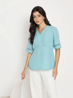 Relaxed Sweatshirt Madame V Neck Sea Green Peplum Top