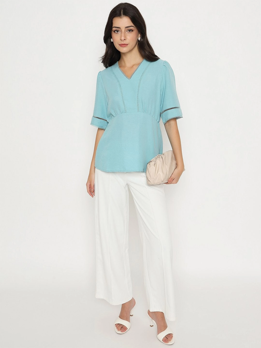 Soft Texture Madame V Neck Sea Green Peplum Top
