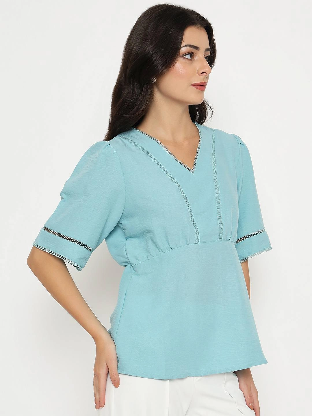 OversizedSilhouette Madame V Neck Sea Green Peplum Top