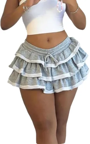 THLAI Womens Mini Solid Tiered Pleated Skirt Ruffled Daily Skirt