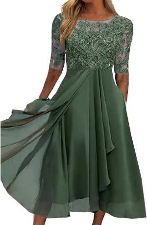 TIAFORD Women's Chiffon Lace Hollow Short Sleeve Midi Dress Elegant Flowy Irregular Hem Wedding Guest Dresses