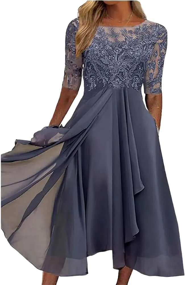 TIAFORD Women's Chiffon Lace Hollow Short Sleeve Midi Dress Elegant Flowy Irregular Hem Wedding Guest Dresses