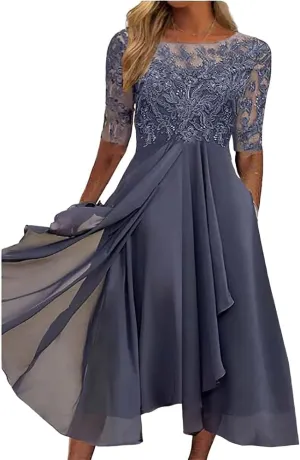 TIAFORD Women's Chiffon Lace Hollow Short Sleeve Midi Dress Elegant Flowy Irregular Hem Wedding Guest Dresses
