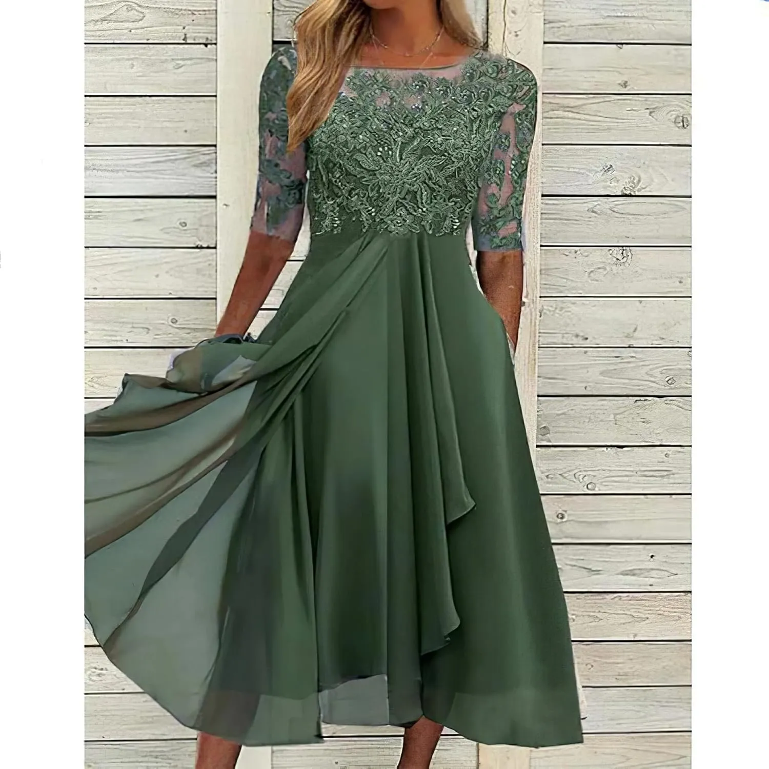 TIAFORD Women's Chiffon Lace Hollow Short Sleeve Midi Dress Elegant Flowy Irregular Hem Wedding Guest Dresses