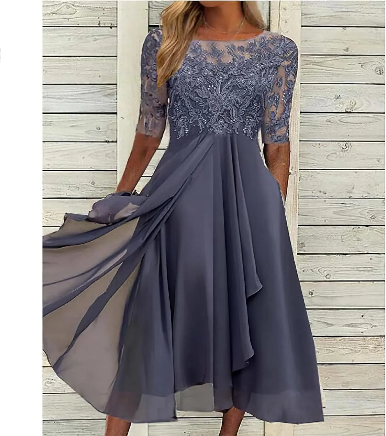 TIAFORD Women's Chiffon Lace Hollow Short Sleeve Midi Dress Elegant Flowy Irregular Hem Wedding Guest Dresses
