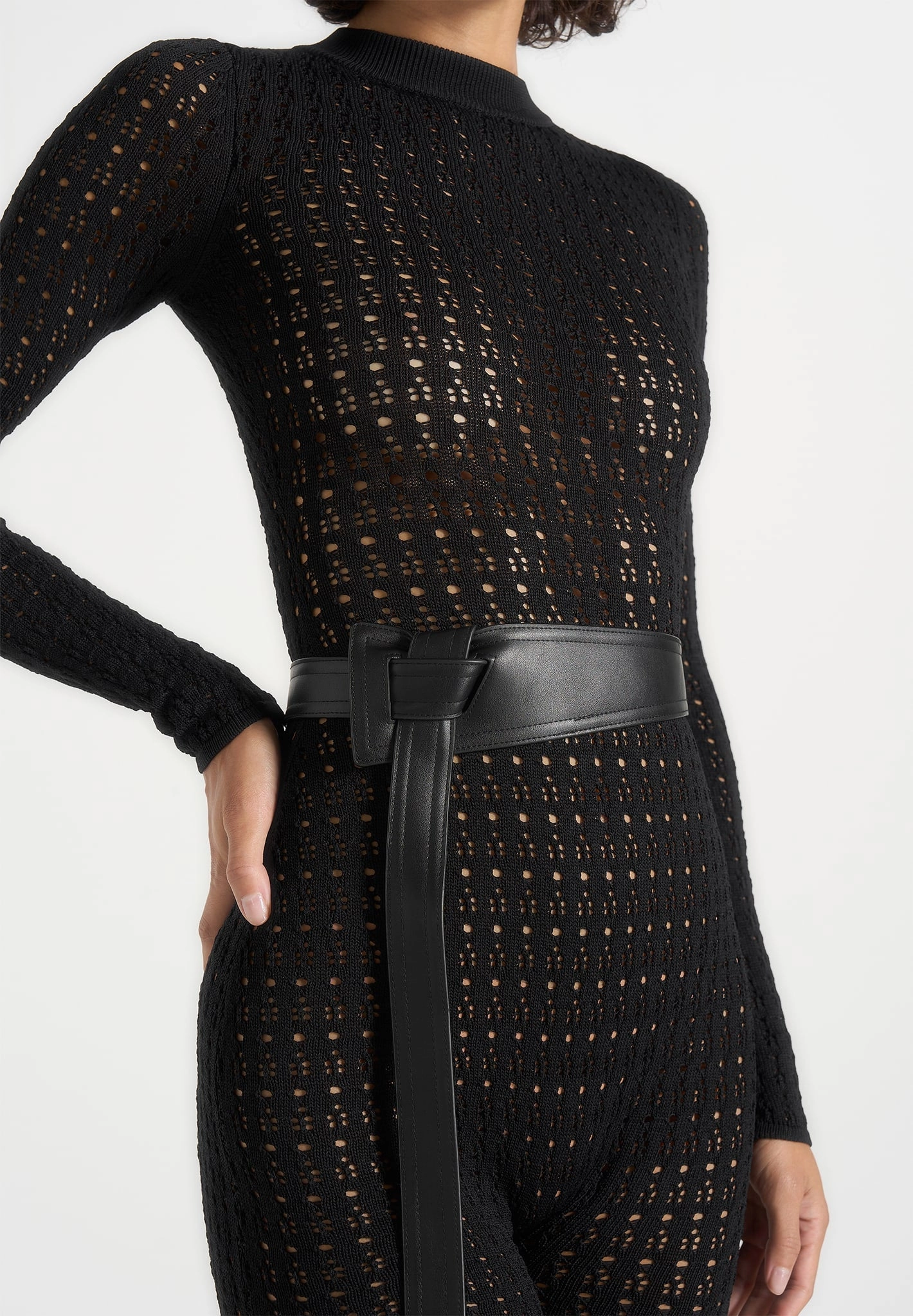 Daily Piece Tiana - Pointelle Knit Long Sleeve Jumpsuit with Belt - Black