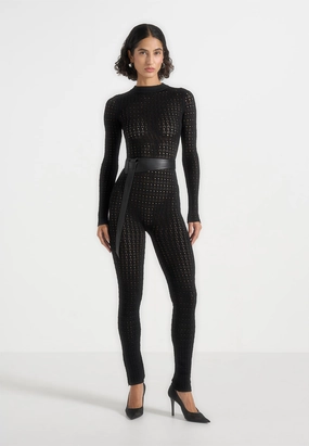 Tiana - Pointelle Knit Long Sleeve Jumpsuit with Belt - Black StretchRecovery Yarn Comfortable Wear