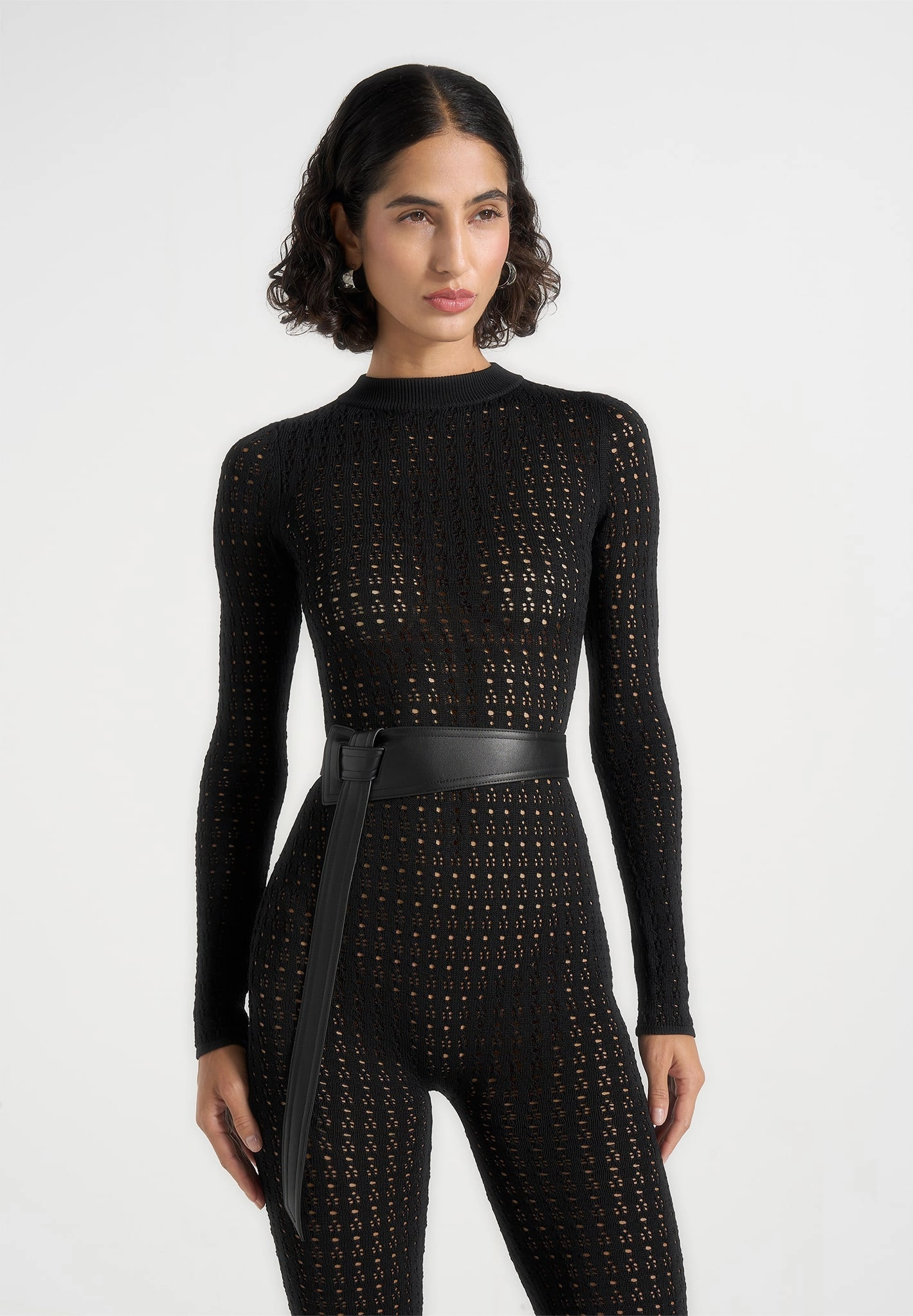 Tiana - Pointelle Knit Long Sleeve Jumpsuit with Belt - Black Lightweight insulation ZeroWaste Knitting Technique
