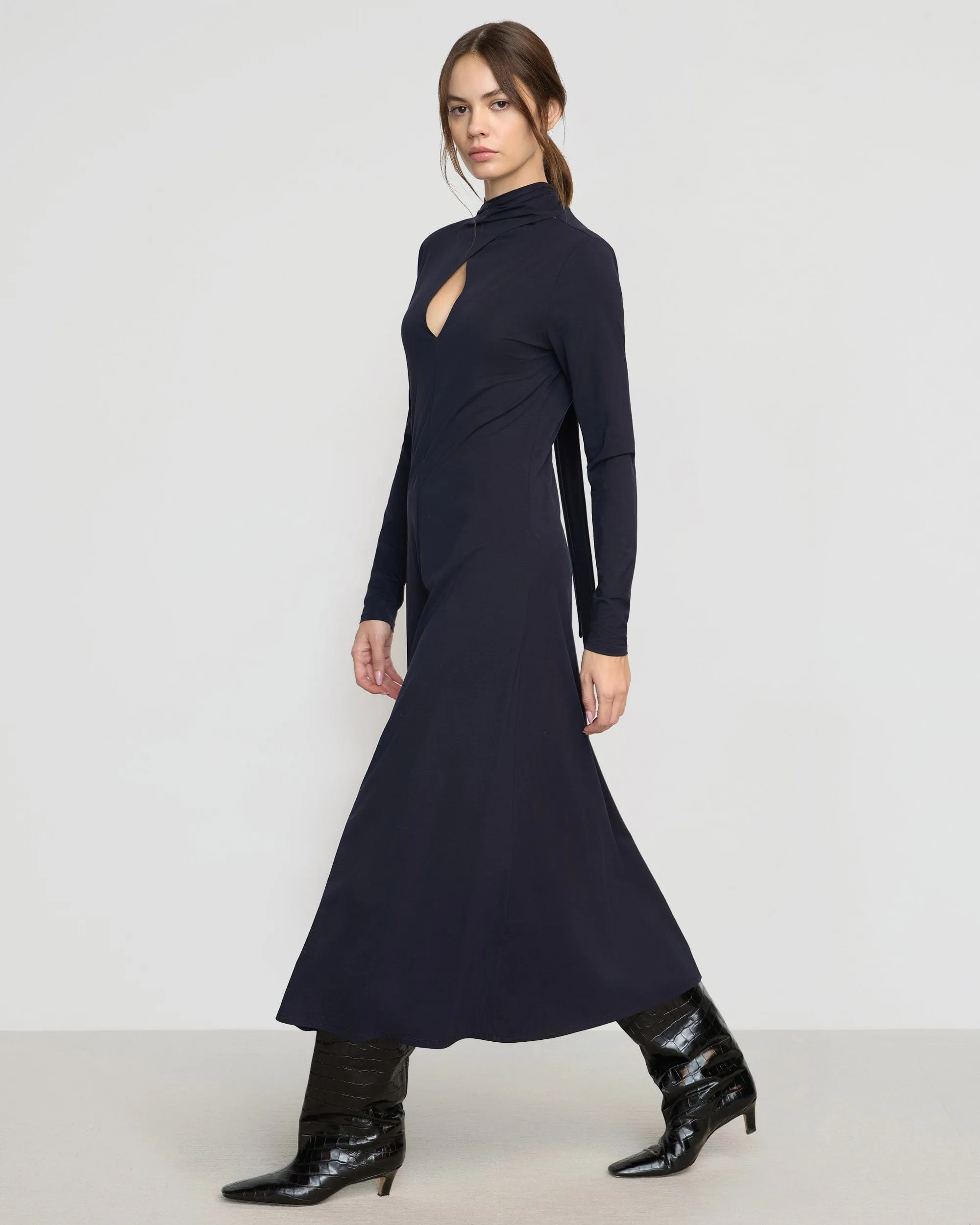 Flexible Waist Unisex Option Helena Scarf-Neck Jersey Dress