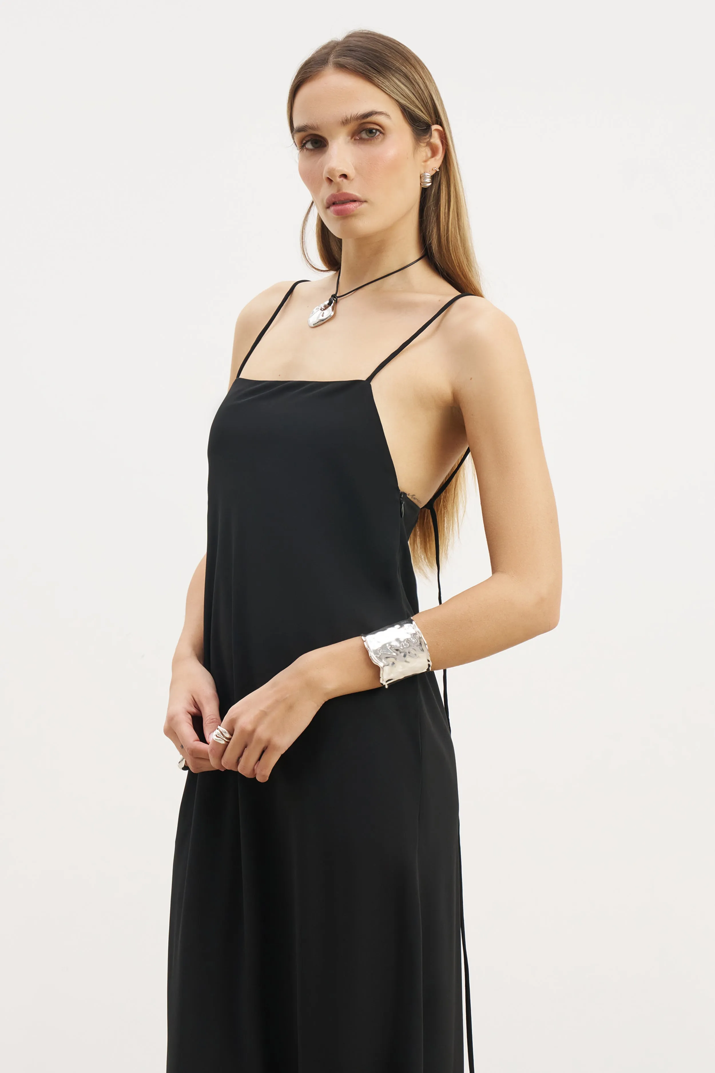 Tie Strap Chiffon Maxi Dress - Black Layering-Piece Stylish Waistband Design