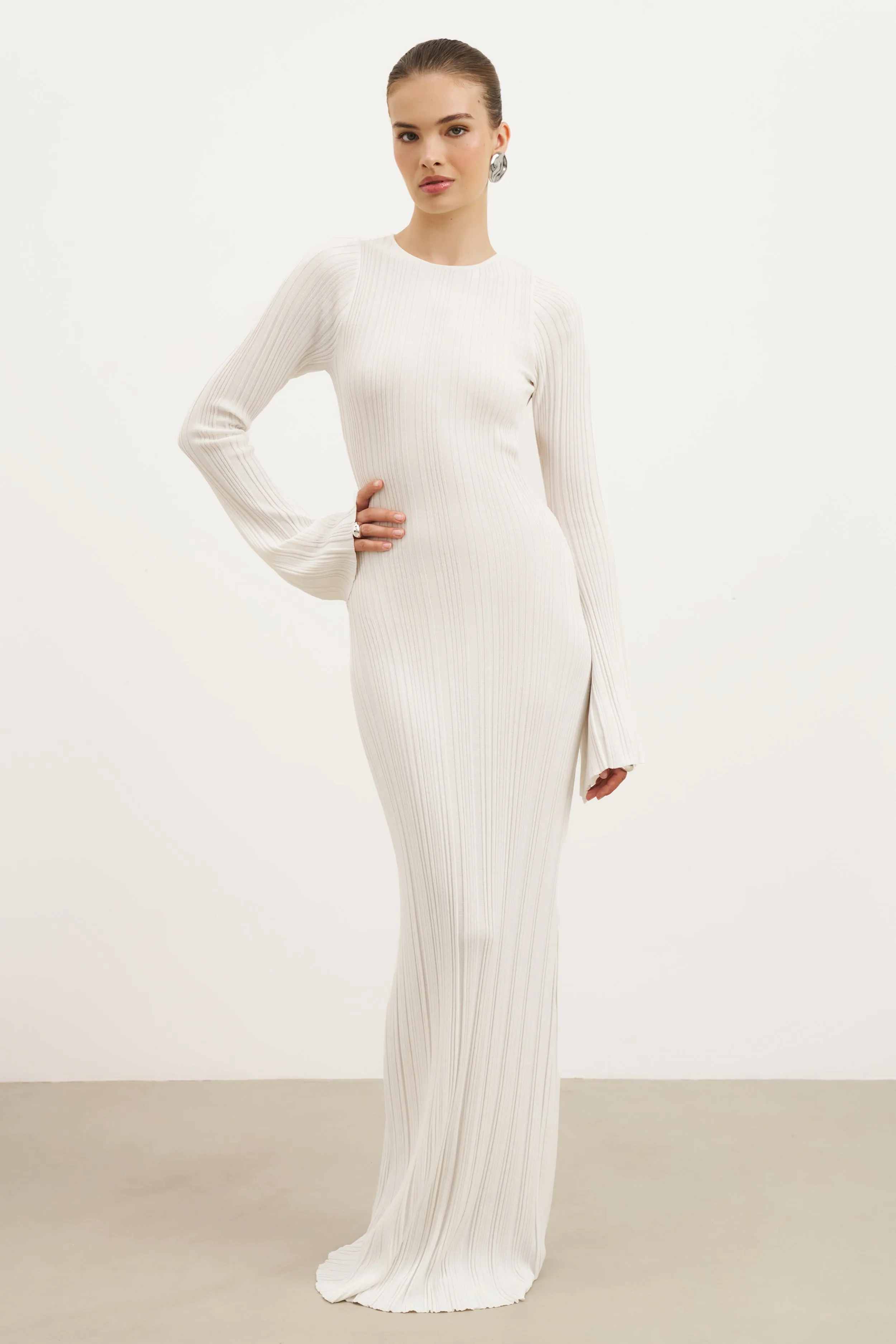 Office Smart Fine Knit Longsleeve Open Back Maxi Dress - White Shimmer