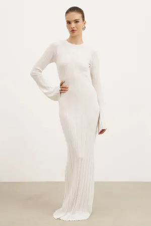 Office Smart Fine Knit Longsleeve Open Back Maxi Dress - White Shimmer