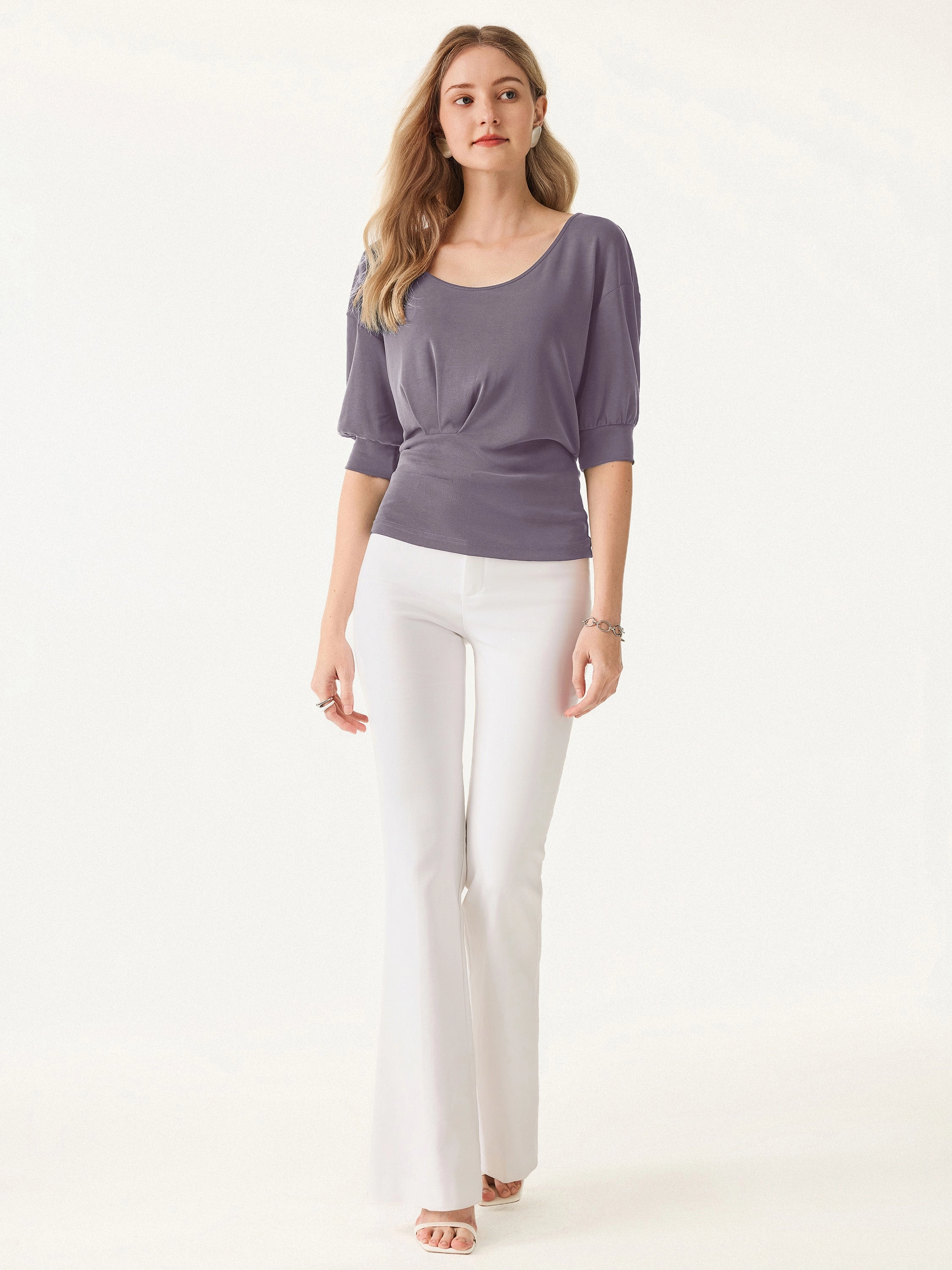 Scoop Neck Short Sleeve Tucked Tee Tubular Body Construction Hidden Button Placket