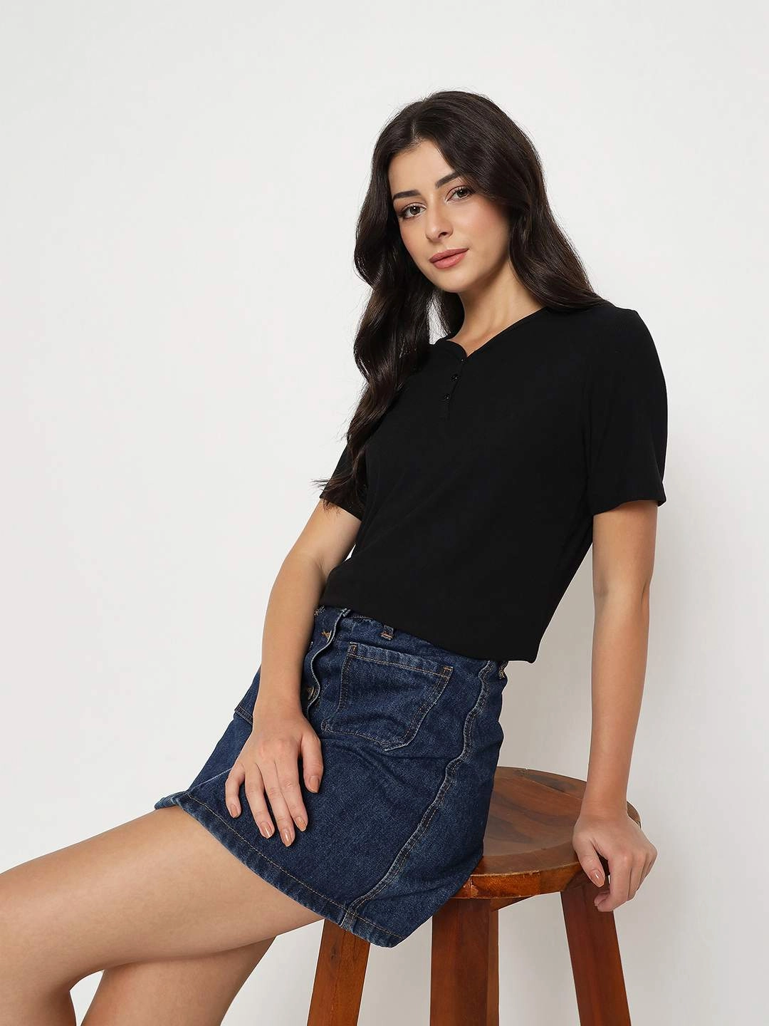 Madame Henley Neck Solid Black T-Shirt Street Casual