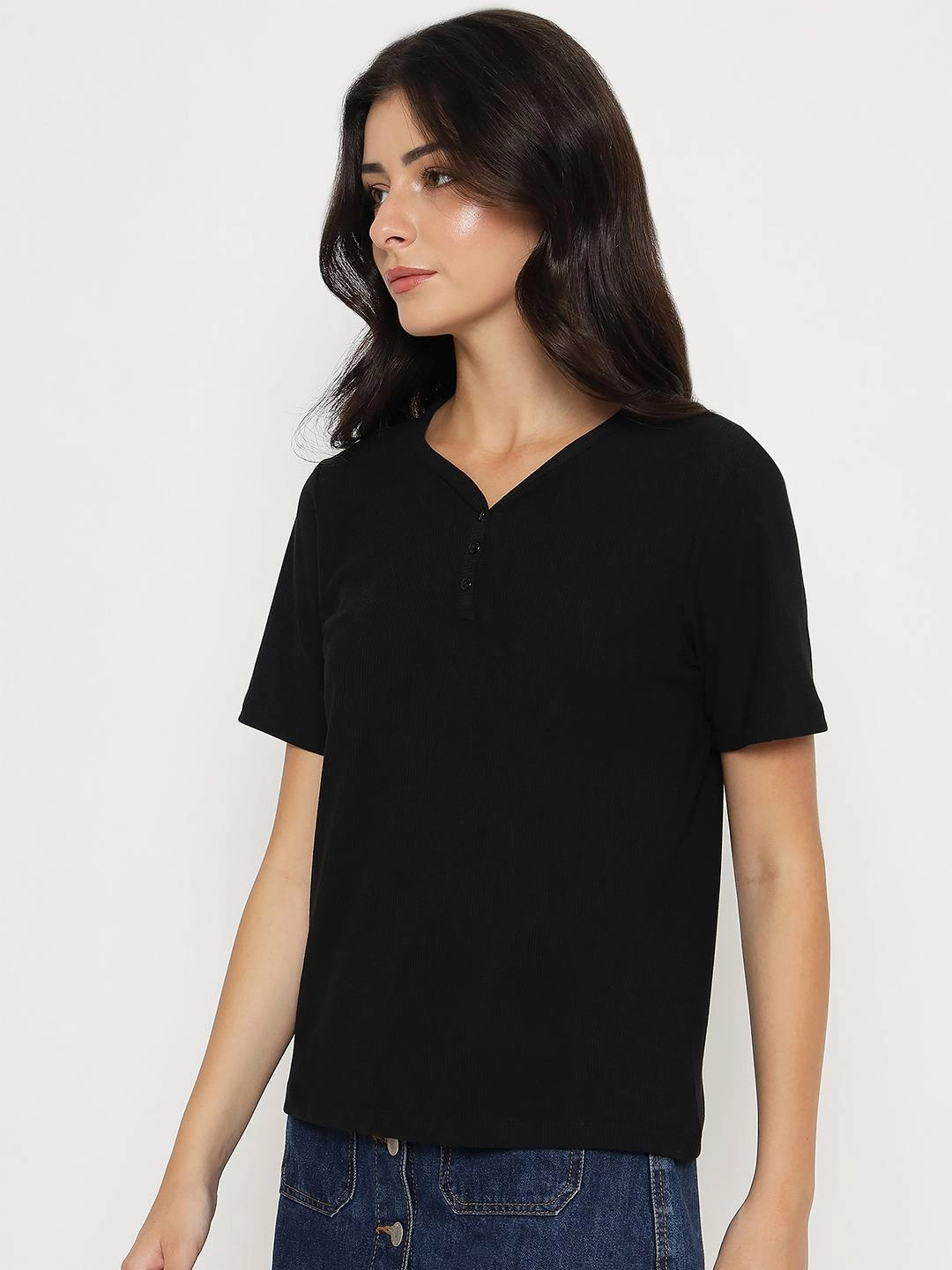 Madame Henley Neck Solid Black T-Shirt spandex blend