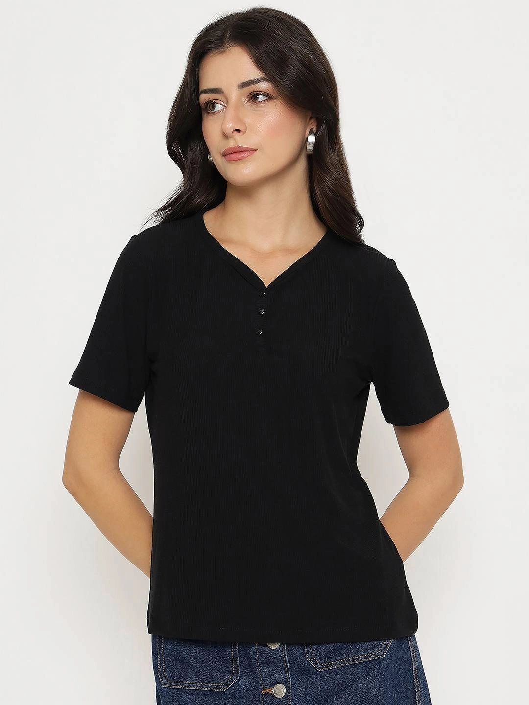 Madame Henley Neck Solid Black T-Shirt Street Trendy Stylish and Easygoing