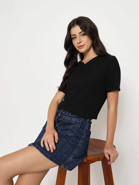 Madame Henley Neck Solid Black T-Shirt Street Casual