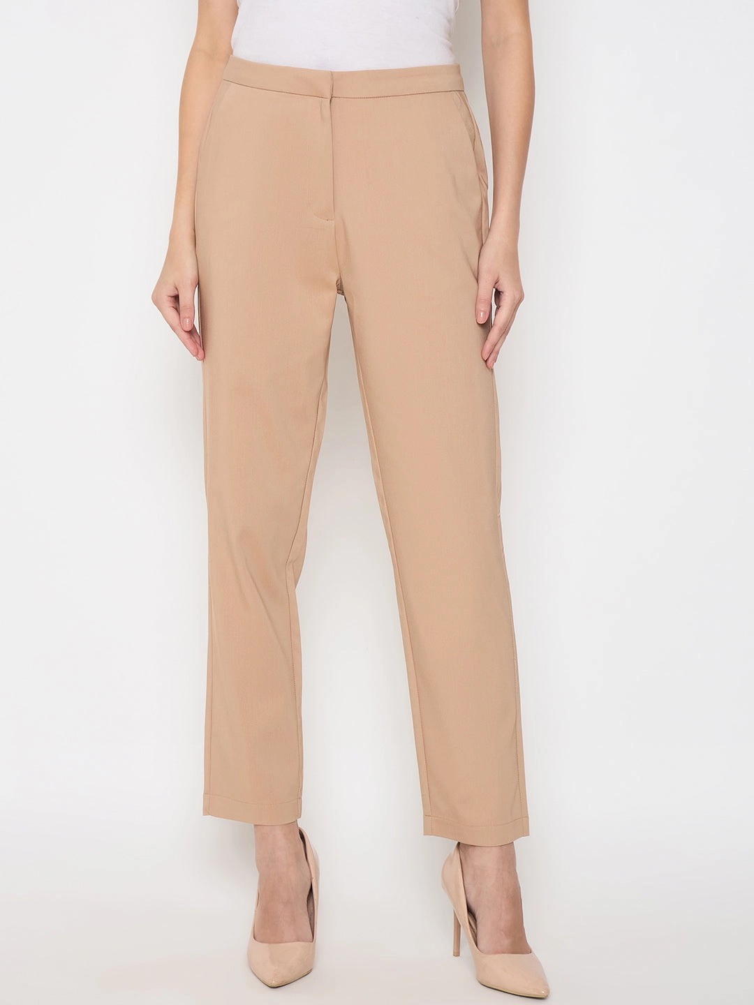 Madame Alex Waist Belt Detail Solid Beige Trousers High Density Weave