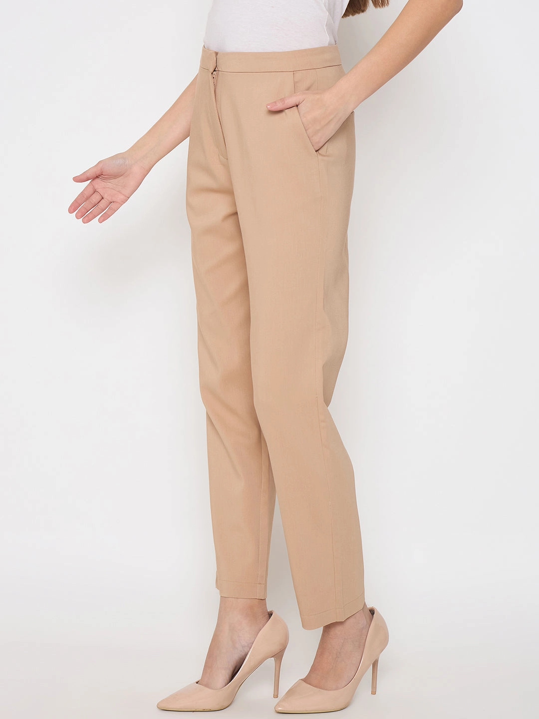 Madame Alex Waist Belt Detail Solid Beige Trousers Tagless Neckline